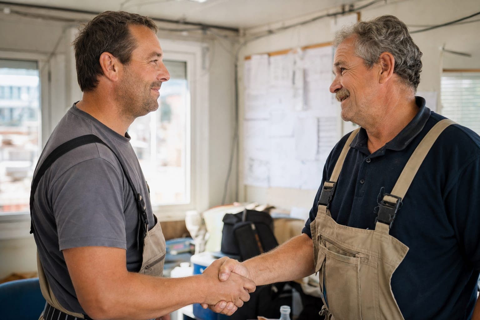 Handschlag zwischen zwei Handwerkern in der Werkstatt